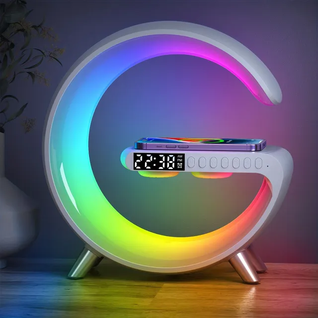 Vezeték nélküli hangszóró LED Nightlight, asztali fény vezeték nélküli töltéssel, Ébredés napfelkeltekor, riasztás óra Aurora, kreatív ajándék (adapter nélkül)