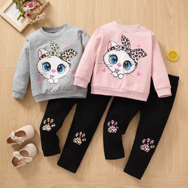 Children's two-piece cotton pajamas with long sleeve and a cat with big eyes for girls