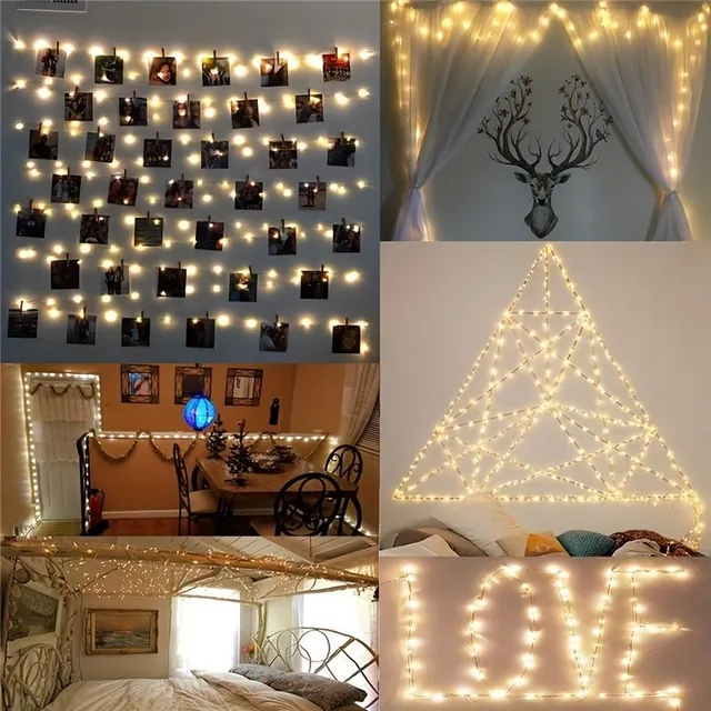 Light chain with clips for photos - 100 LEDs, 40 wooden clips, photos, parties, Christmas and Halloween decorations