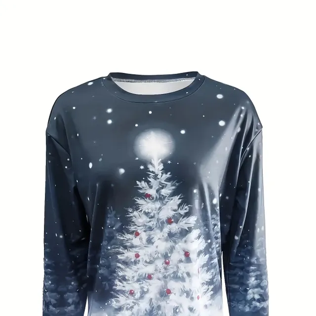 Women's Christmas sweater with tree printing, casual long sleeve, round neckline