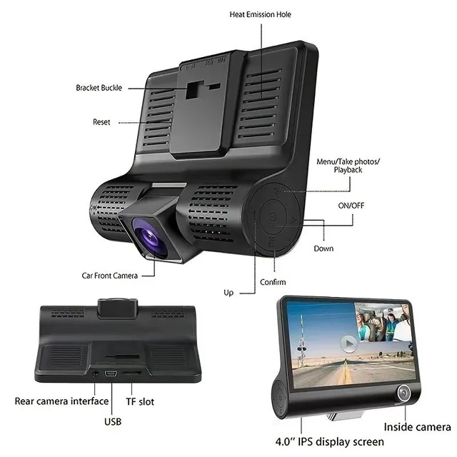 4,0inch Full HD Trojan Car Camera s prednej, vnútornej a zadnej kamery - Parkovanie Asistent a nekonečné záznamy