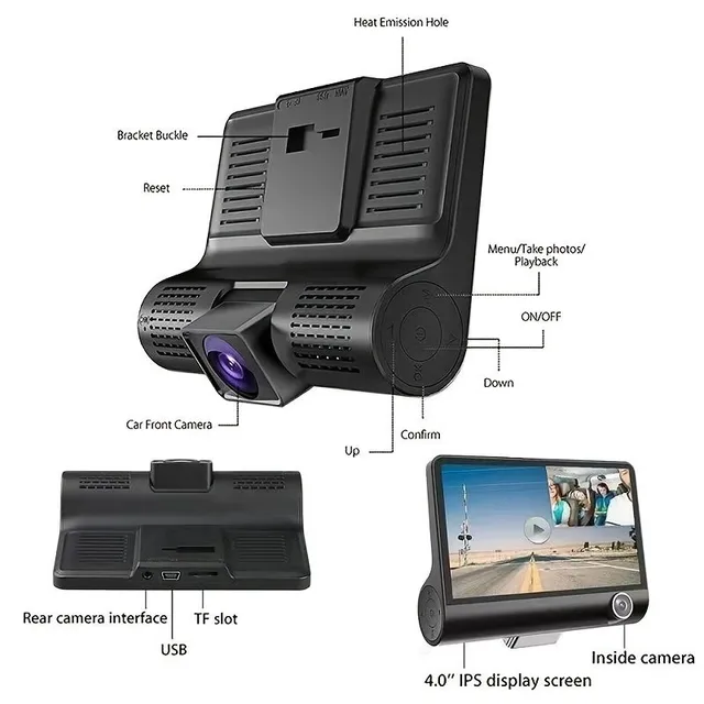 Camera auto triplă Full HD de 4,0 inch cu Cameră Frontală, Interioară și Cameră Spate - Asistent de Parcare și Înregistrări Infinite