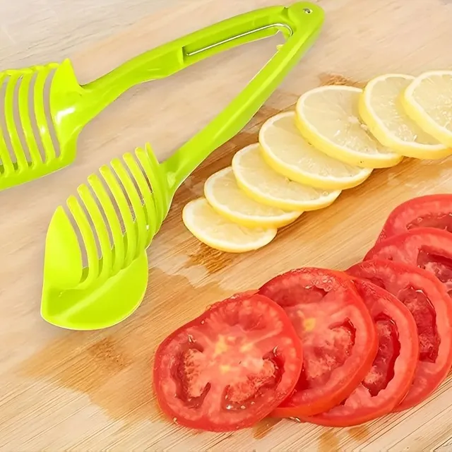1 ks držiak na rezanie paradajok, citrónového krájača, okrúhle náradie na rezanie zeleniny na ovocie, ručné viacúčelové kliešte, kuchynské prístroje (zelené)