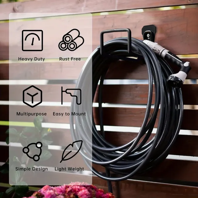 Garden hose holder for wall - durable metal rack with hook for hose storage (black)