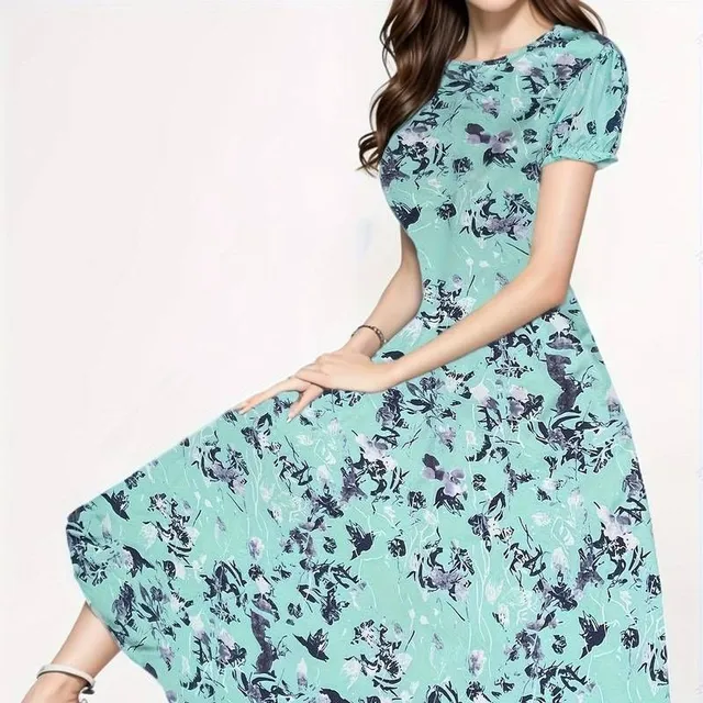 Flower Pattern - Dress with round neckline, Elegant, Short Sleeves (Spring/Summer)