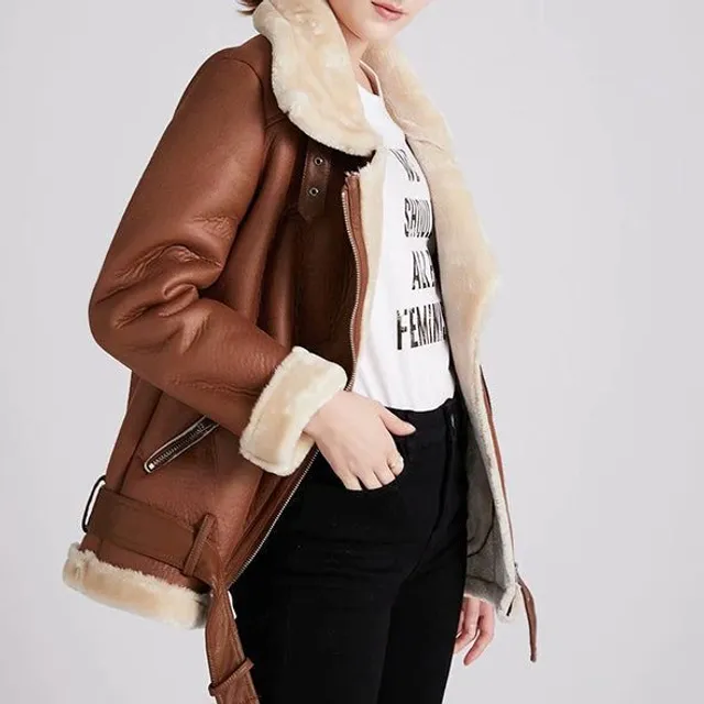 Women's leatherette moto jacket with fur lining