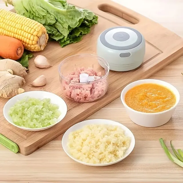 Electric mini cleaver 2v1: garlic, meat, ginger, vegetables. Safety switch, 100/250 ml