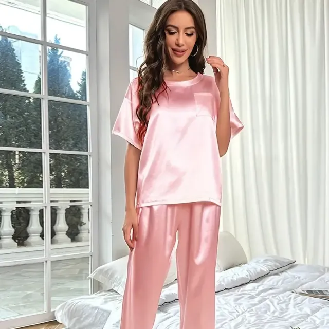 Pyjama en satin pour femme, ensemble à manches courtes et pantalons longs