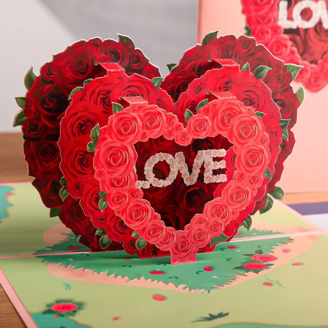 Romantic Valentine's Day card with 3D flower heart and LOVE sign