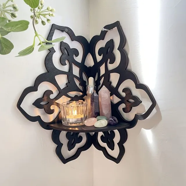 1ks Elegantní dřevěný stojánek na krystaly ve tvaru květiny, černý, dekorace do domácnosti