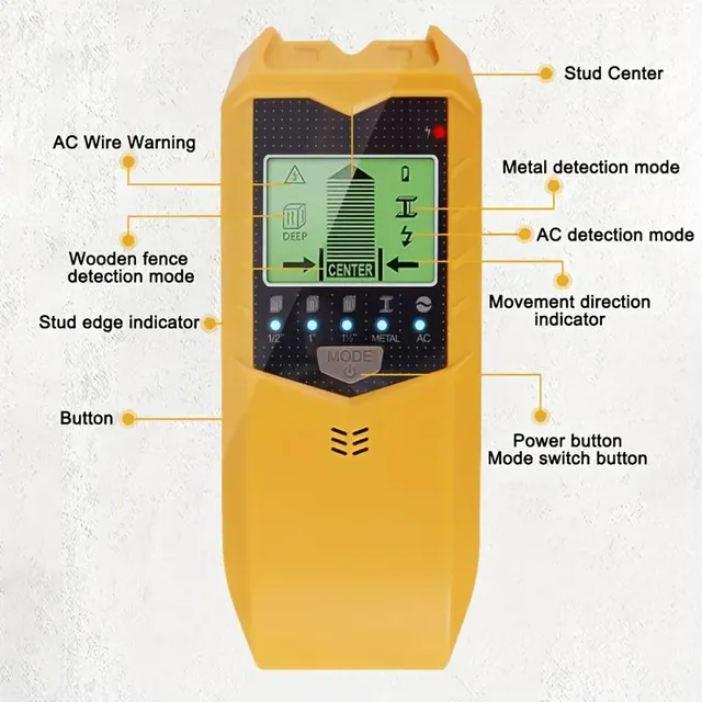 Clamp detector with intelligent microprocessor and HD LCD display, sensor search engine for center and edge of wooden beams, AC wires, metal columns, beams and tubes.