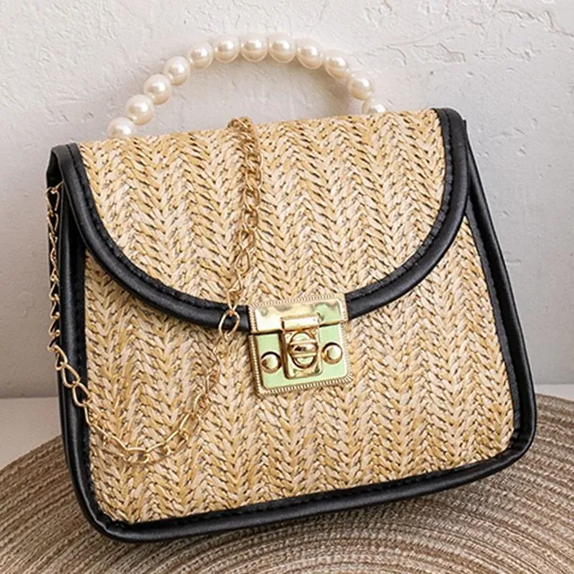 Women's fashion straw handbag with pearl tab Aryanna