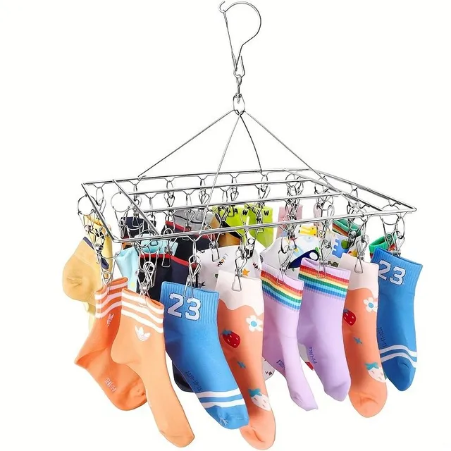 Sušák na prádlo s klipy pro ponožky, spodní prádlo a podprsenky - nerezový, otočný a odolný proti větru