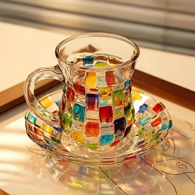 Set of coloured glass cups with saucers