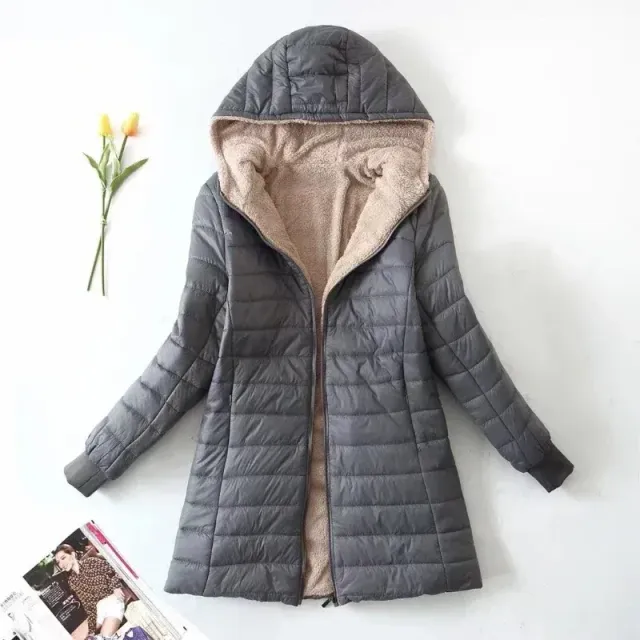 Women's winter middle-length Korean coat with hood and fleece lining made of cotton