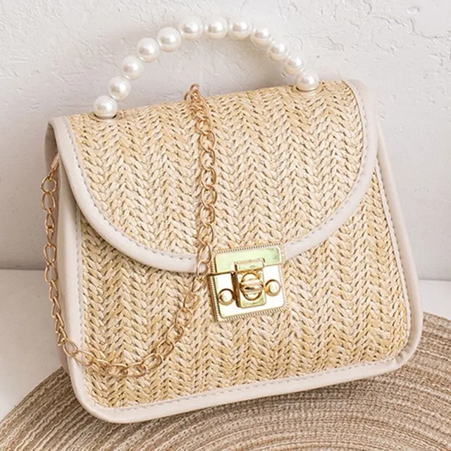 Women's fashion straw handbag with pearl tab Aryanna