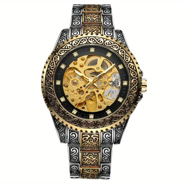 Pánské vintage módní vyřezávané zlaté mechanické náramkové hodinky značky Luxury Butterfly Buckle Hollow Out mechanické hodinky, ideální volba pro dárky