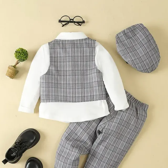Chlapecký společenský oblek pro gentlemana - košile s mašlí, kalhoty, vesta a klobouk - sada dětského oblečení na soutěž, představení, svatbu nebo banket