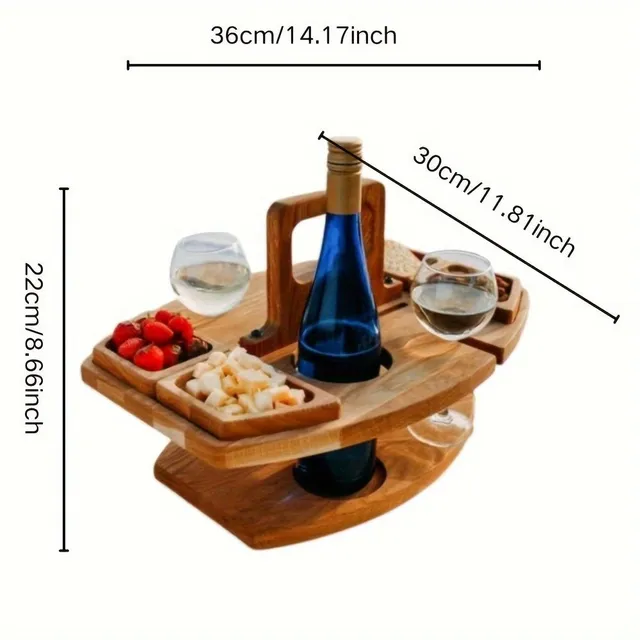 Folding picnic table with wine holders and wooden snack tray