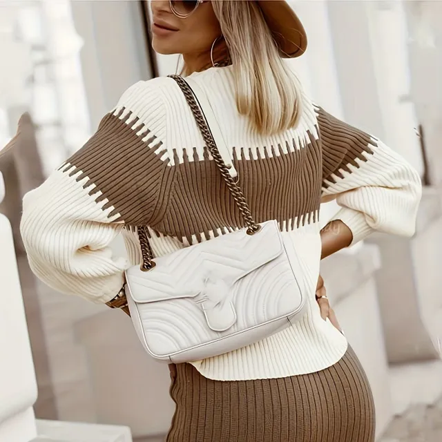 Women's two-piece knitted set - colored block and ribbed sweater with skirt in midi length