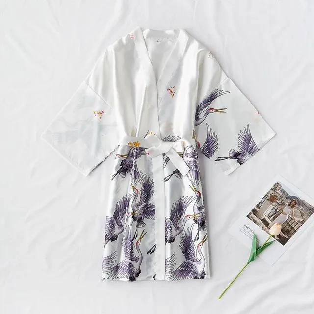 Ladies satin dressing gown with birds print white M