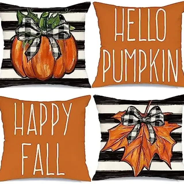 Autumn linen square pillowcase with striped pattern and inscription "Hello Pumpkin"