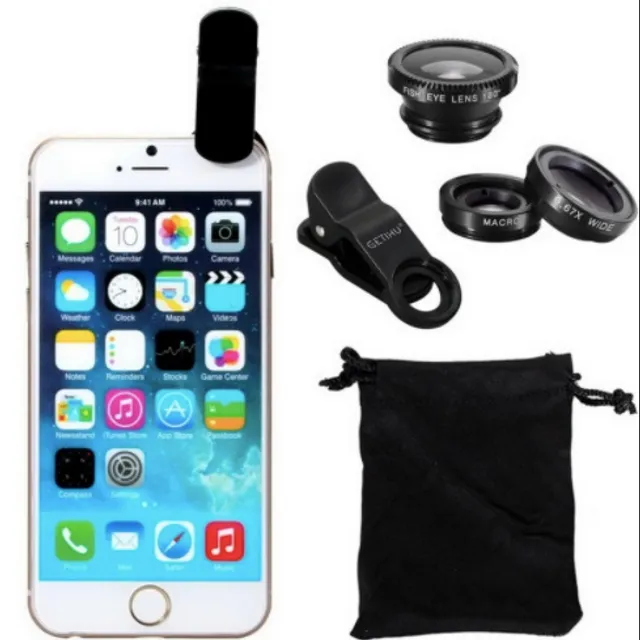 Universal lens set for mobile phones, fisheye lens + wide-angle lens + macro lens