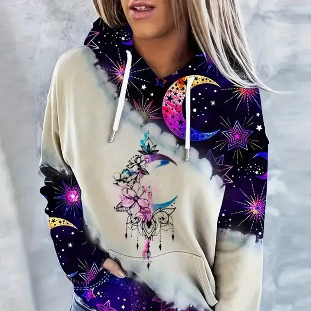 Women's hoodie with hood, colourful moon and stars print, drawstring