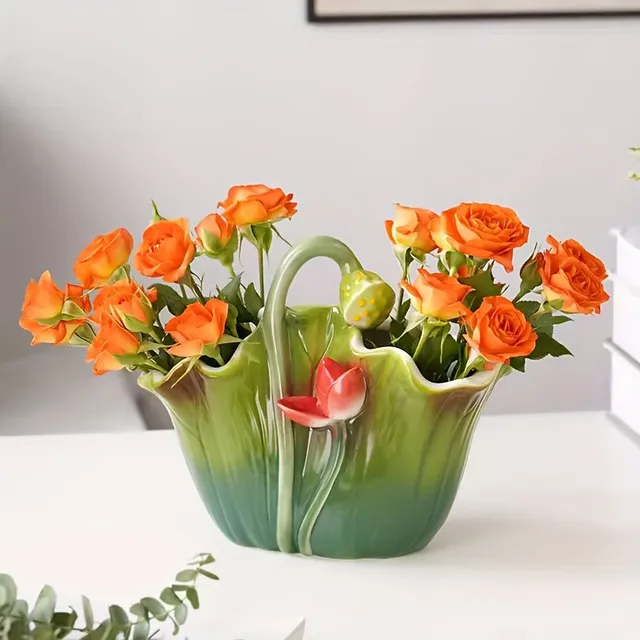 Vase en céramique en forme de feuille de lotus avec peinture à la main, étanche, avec fonction de support pour fleurs et couverts