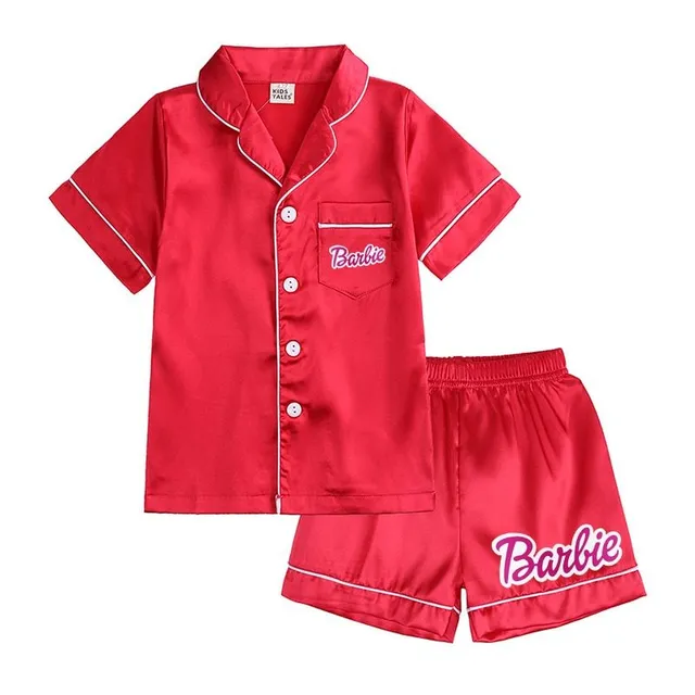 Pijama modernă pentru fete, formată din două piese, din material lucios, cu motivul Barbie