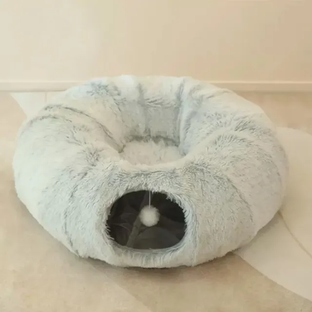 Okrúhle skladacie lôžko s hracím tunelom pre mačky v šedej farbe