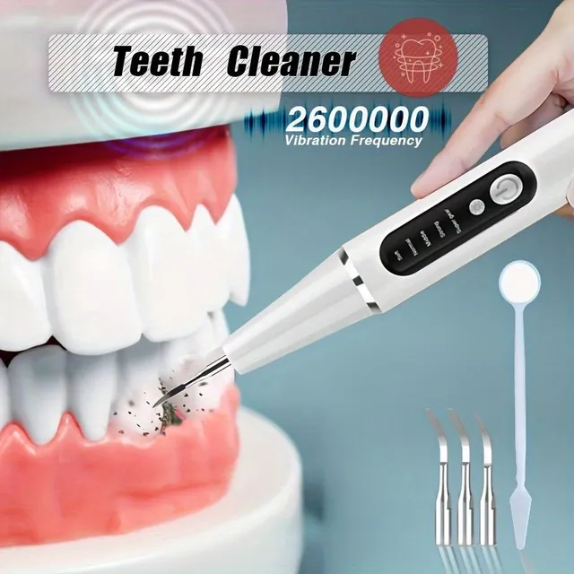 Sonic tooth cleaner with LED light - 2.6 mil. frequency/min., 4 adapters, mirror, mouth water, 5 degrees, quick removal of plaque and stains
