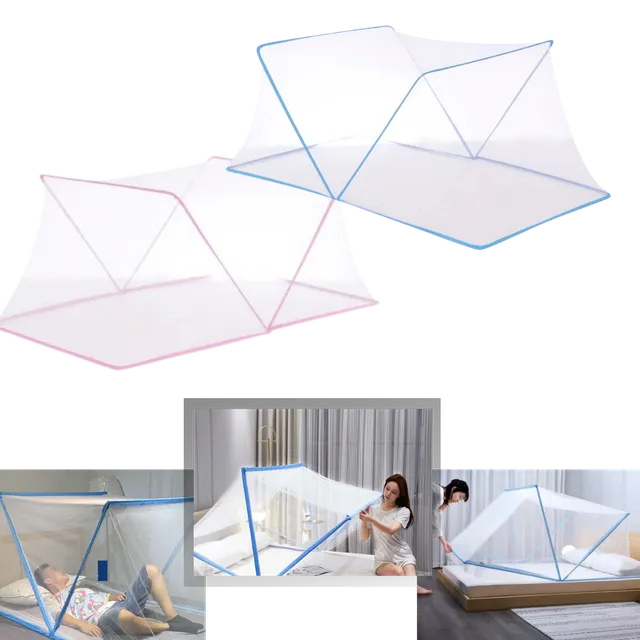 Folding mosquito net on bed