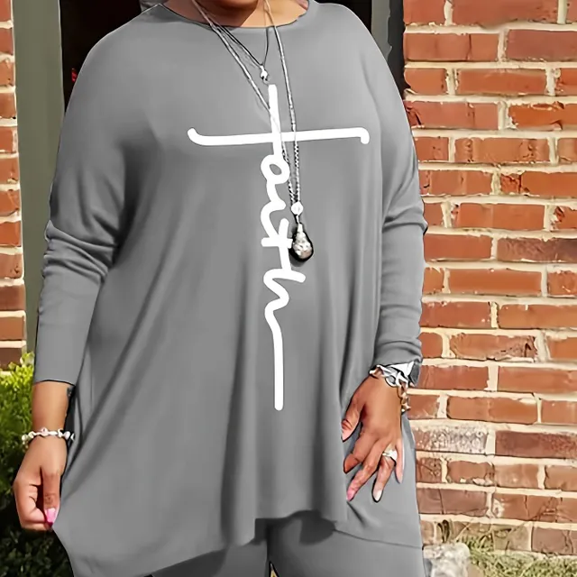 Set de îmbrăcăminte pentru femei Plus Size în stil lejer: Bluza cu mâneci lungi și decolteu rotund și top ușor elastic cu imprimeu literar și colanti
