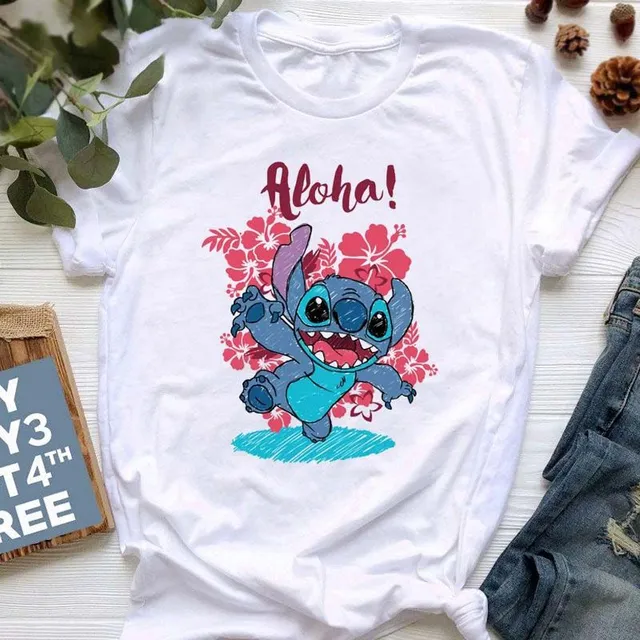 Damska koszulka z krótkim rękawem z uroczym nadrukiem Stitch