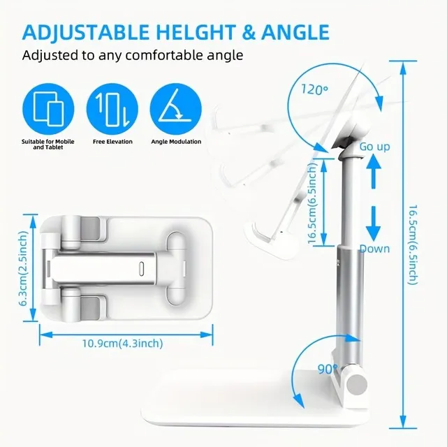 Foldable telephone/tablet stand with adjustable height and angle for Android, smartphone, e-reader and tablet