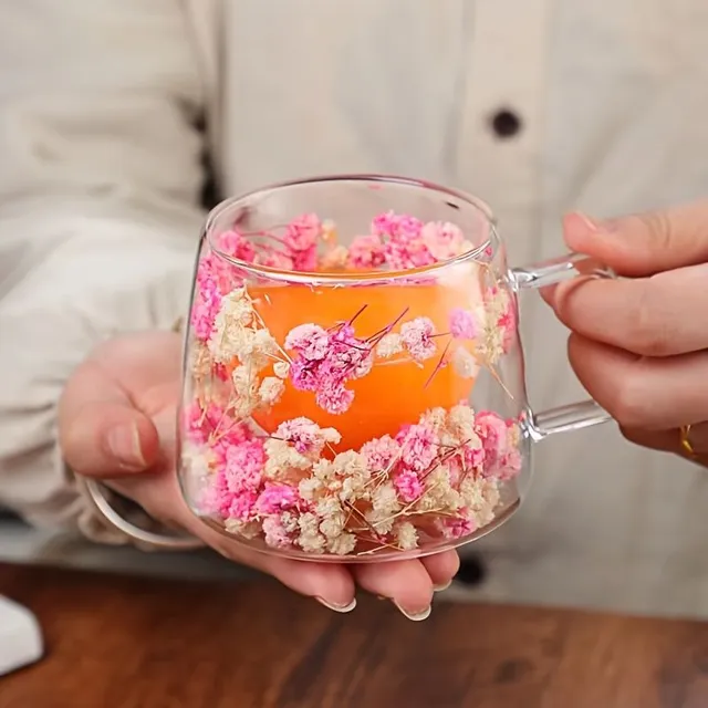 Stylish double glass jar with dried flowers - ideal for coffee, juice and as a birthday present