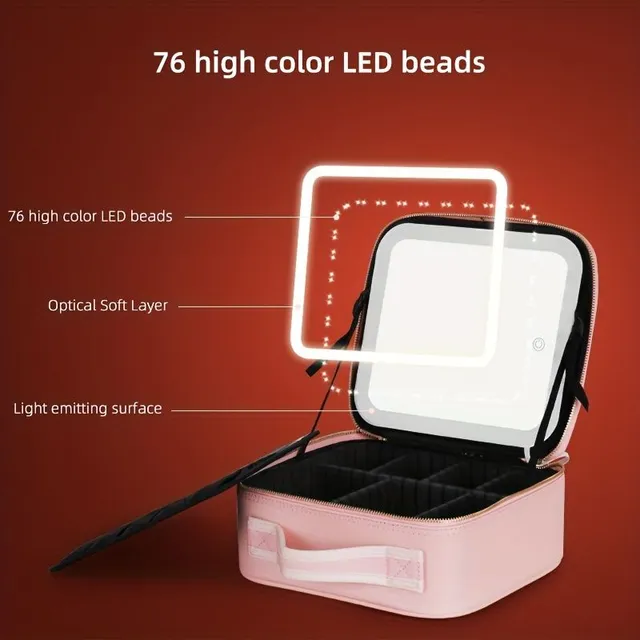 Travel Case On Make-up With Mirror LED Light 3 Adjustable Brightness Cosmetic Bag Portable Storage Adjustable partition Waterproof Brushes On Make-up Organizer On Jewelry Gift for Women