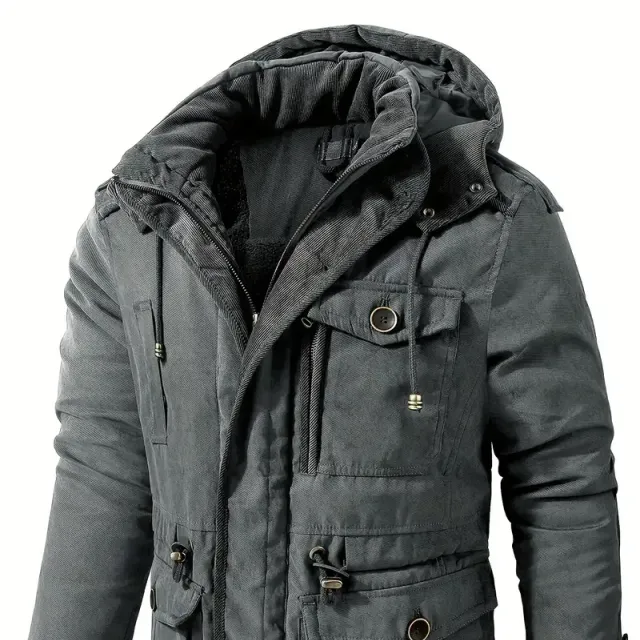 Men's warm winter jacket with hood, multifunctional pockets, elegantly casual