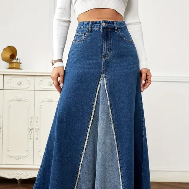 Jupe en denim élégante avec ourlet effiloché et poches obliques