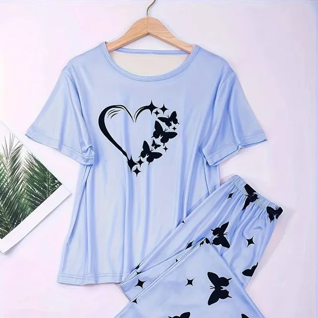 Women's sleeping and lounging kit with the printing of hearts and butterflies: comfortable short sleeve and loose long trousers