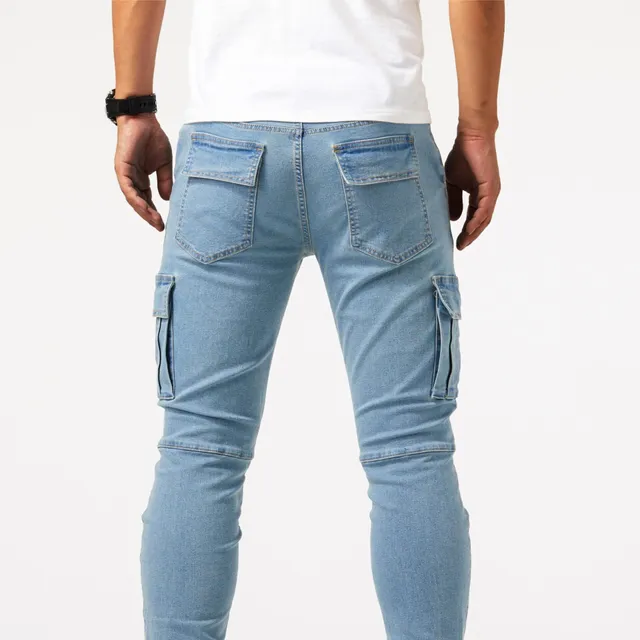 Male cargo jeans slim cut with multiple pockets, medium elastic denim fabric, leisure street style