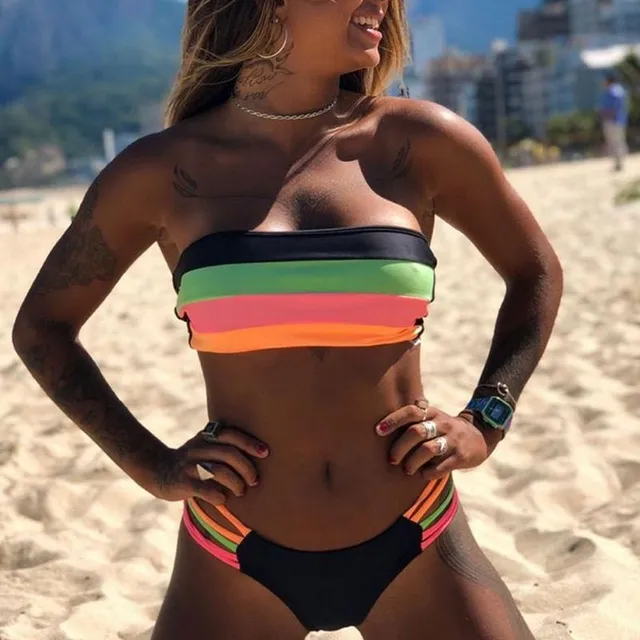 Women's two-piece swimsuit with colourful stripes