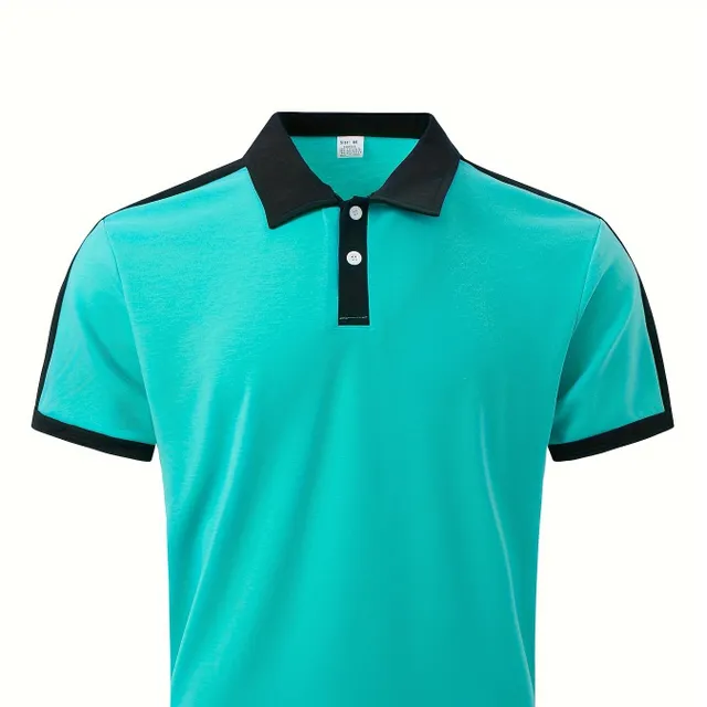 Priedušná pánska golfová polokošeľa v pravidelnom strihu s farebnými blokmi, pánska košeľa s krátkym rukávom a výstrihom do V na leto