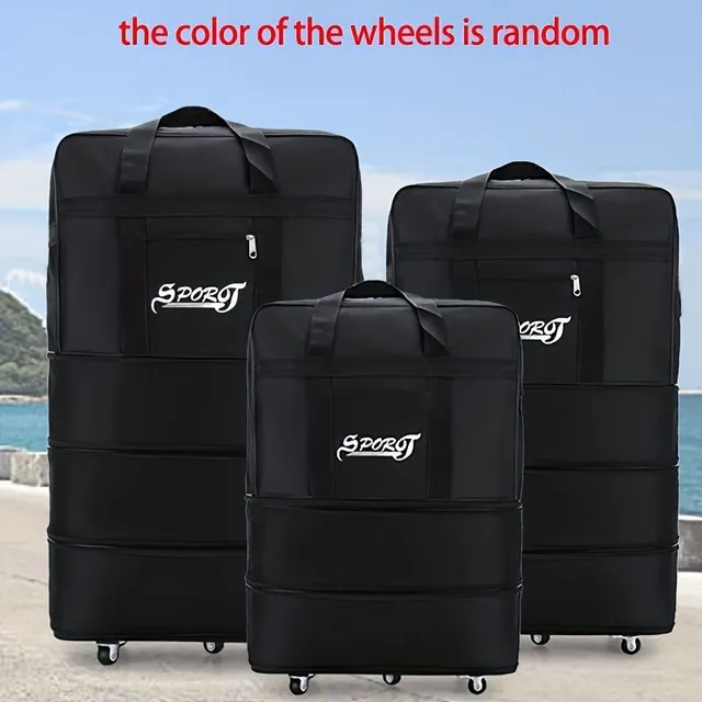 Expandable luggage bag on trolley, large-capacity travel bag on wheels, folding bag for clothing on blanket