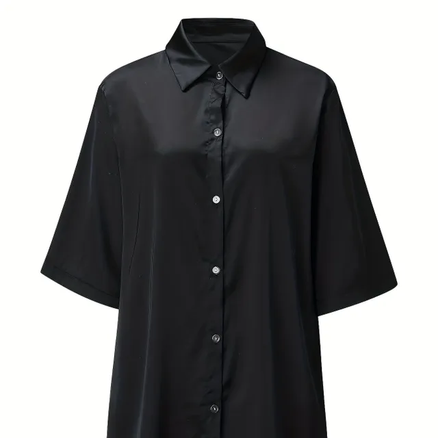 Women's long shirt top for sleeping - solid colour, with buttons at the lapel, plain, short sleeves