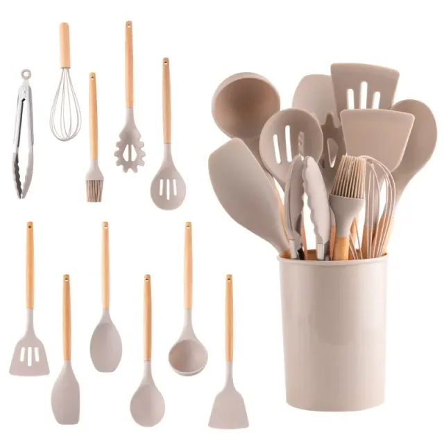 Kitchen utensils made of silicone with wooden handle - Set of 12 pieces