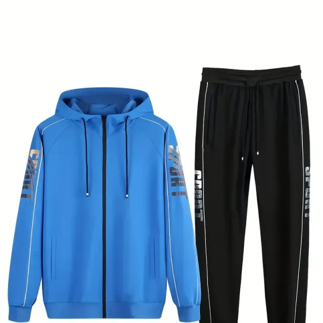 Set de trening pentru bărbați cu model clasic de scrisoare, 2 piese, Hanorac informal cu fermoar și mâneci lungi, Hanorac cu glugă și Pantaloni de jogging, Set pentru antrenament în sală, alergare