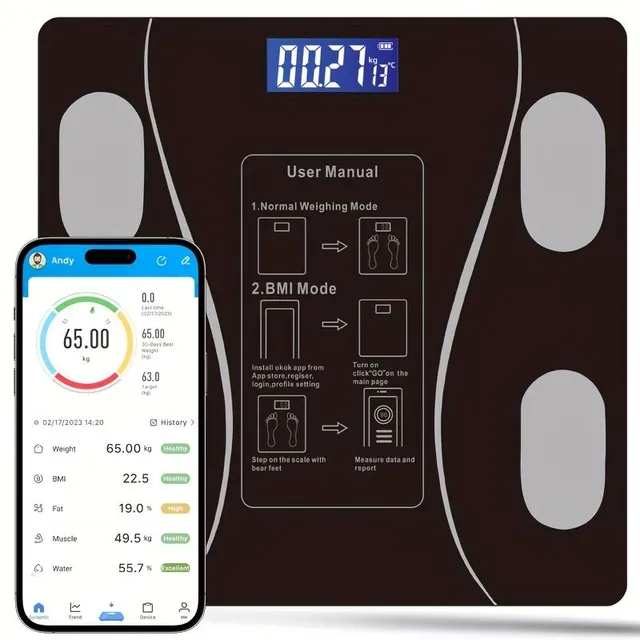 Cantar inteligent digital cu analiză a compoziției corporale și aplicație mobilă - Cantar de acasă pentru măsurarea grăsimii