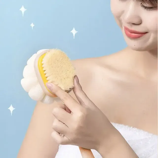Long bath brush with fine brushes and a massage sponge